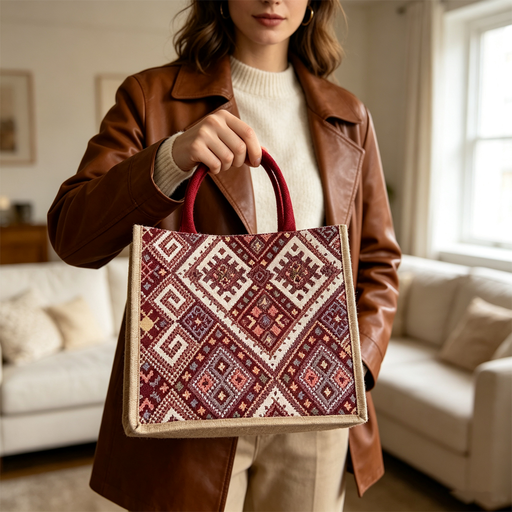Wine Red Ethnic Canvas Tote Bag