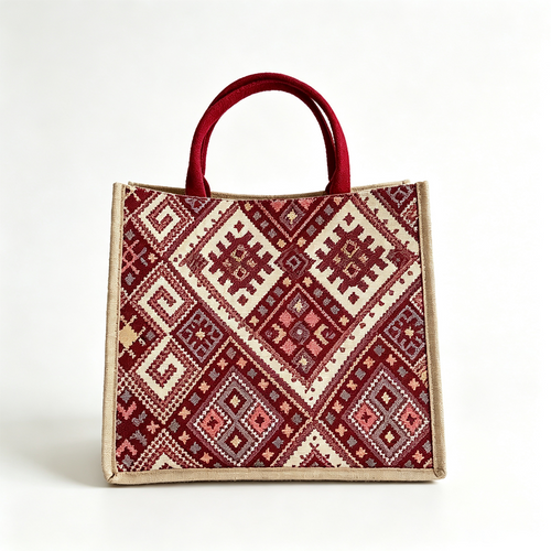 Wine Red Ethnic Canvas Tote Bag