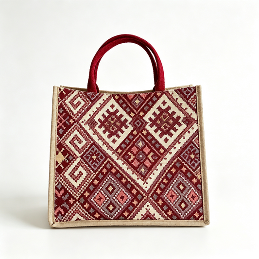 Wine Red Ethnic Canvas Tote Bag