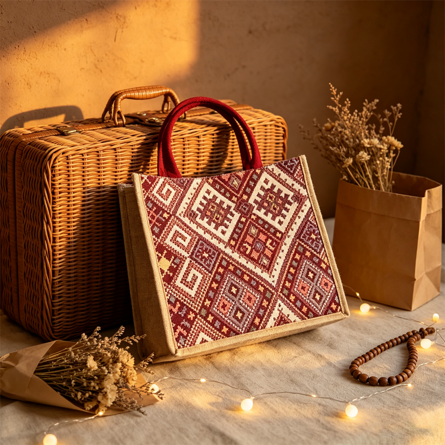 Wine Red Ethnic Canvas Tote Bag