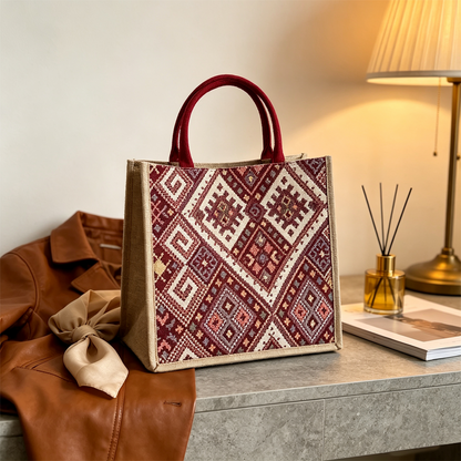 Wine Red Ethnic Canvas Tote Bag